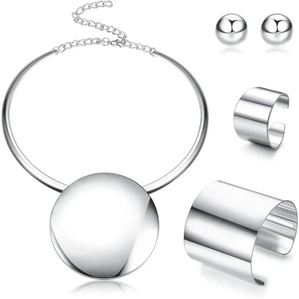 Bohemian Silver Statement Jewelry Set – Collar Necklace, Cuff & Stud Earrings